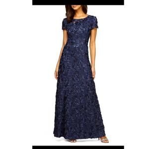 Alex Evenings Floral Navy Blue Dress 8 Petite